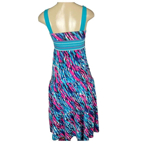 Candie's Girls M Teal-Pink Paint Splash Shirred Waist Beaded Strap Midi Sundress - Picture 4 of 6